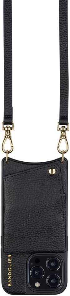 Bandolier Emma Crossbody Phone Case and Wallet for iPhone 15 Pro Max - Black Leather with Gold Detail