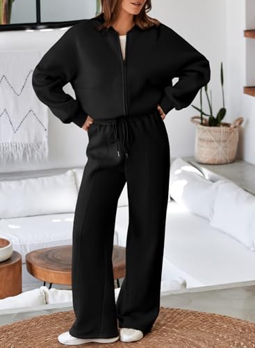 Aleumdr Women's 2 Piece Outfits Oversized Fleece Sweatsuit Zip Up Long Sleeve Sweatshirt with Wide Leg Sweatpants