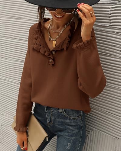 BTFBM 2024 Womens Sweaters Fall Winter Outfits Long Sleeve Button Down Ruffle Crew Neck Casual Knitted Pullover Tops