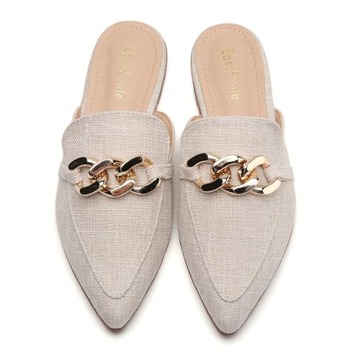 Metal Chain Decor Flat Mules for Women Closed Pointed Toe Slip on Loafers Slides Backless Mules Shoes