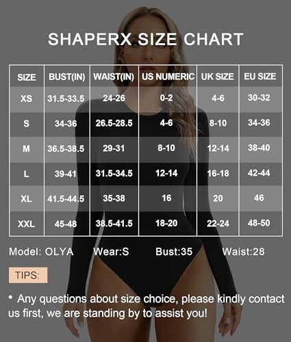 SHAPERX Women's Soft Crew Neck Bodysuit Fits Everybody Long Sleeve Body Suits Tops