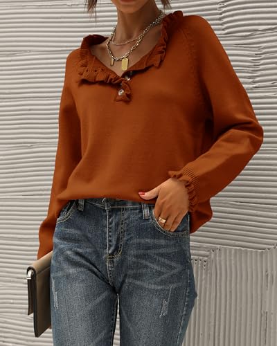 BTFBM 2024 Womens Sweaters Fall Winter Outfits Long Sleeve Button Down Ruffle Crew Neck Casual Knitted Pullover Tops