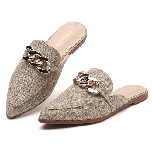 Metal Chain Decor Flat Mules for Women Closed Pointed Toe Slip on Loafers Slides Backless Mules Shoes