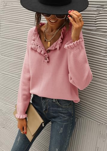 BTFBM 2024 Womens Sweaters Fall Winter Outfits Long Sleeve Button Down Ruffle Crew Neck Casual Knitted Pullover Tops