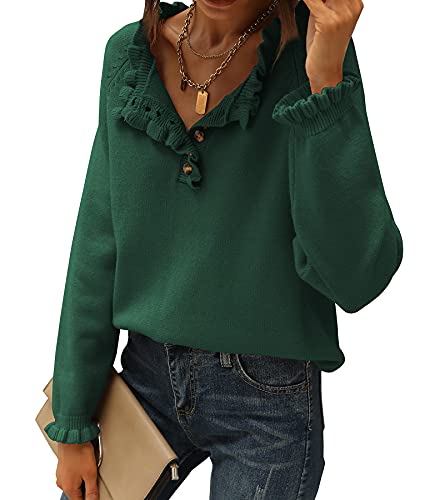 BTFBM 2024 Womens Sweaters Fall Winter Outfits Long Sleeve Button Down Ruffle Crew Neck Casual Knitted Pullover Tops