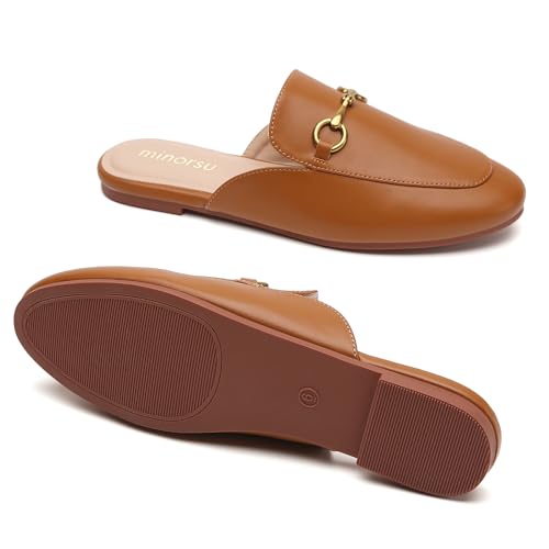 Minorsu Buckle Mules for Women Round Toe Backless Flat Mules Slides Mules Shoes Ladies Slip-on Loafers