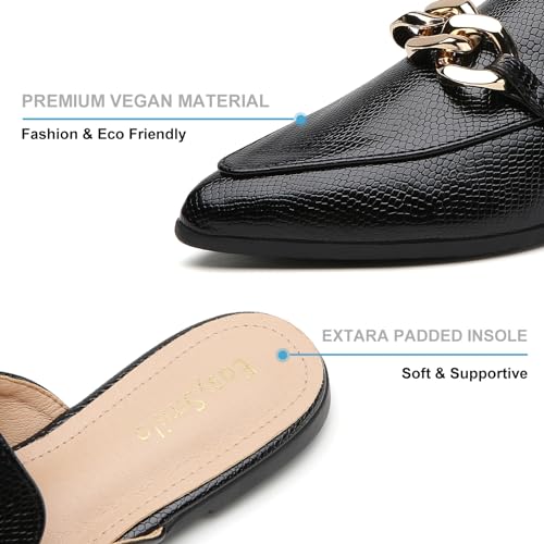 Metal Chain Decor Flat Mules for Women Closed Pointed Toe Slip on Loafers Slides Backless Mules Shoes