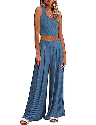 Ekouaer Women's Pajamas 2 Piece Lounge Set Ribbed Knit Loungewear Sleeveless Tank Top Wide Leg Pants