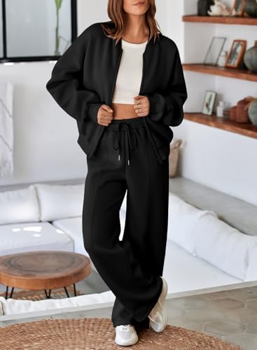 Aleumdr Women's 2 Piece Outfits Oversized Fleece Sweatsuit Zip Up Long Sleeve Sweatshirt with Wide Leg Sweatpants