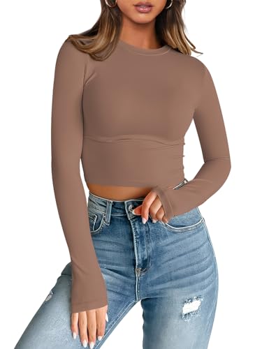 Trendy Queen Womens Long Sleeve Crop Tops Basic Slim Fitted Shirts Casual Fashion 2024 Y2k Tops Teen Girl Clothes