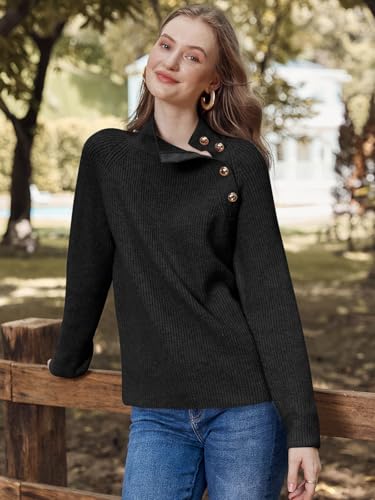 Women's Long Sleeve Ribbed Knit Sweater 2024 Fall Winter Casual Turtleneck Pullover Tops with Metal Buttons