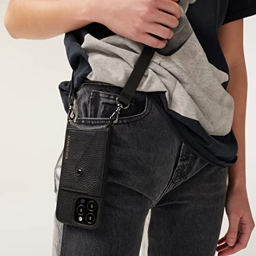 Bandolier Hailey Crossbody Phone Case and Wallet - Compatible with iPhone 15 Pro Genuine Pebbled Black Leather with Pocket and Removable Shoulder Strap