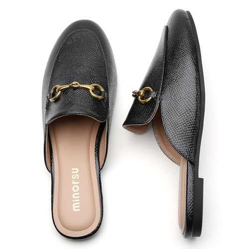 Minorsu Buckle Mules for Women Round Toe Backless Flat Mules Slides Mules Shoes Ladies Slip-on Loafers