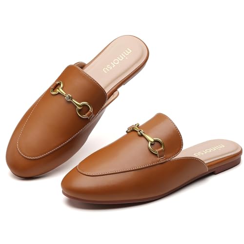 Minorsu Buckle Mules for Women Round Toe Backless Flat Mules Slides Mules Shoes Ladies Slip-on Loafers