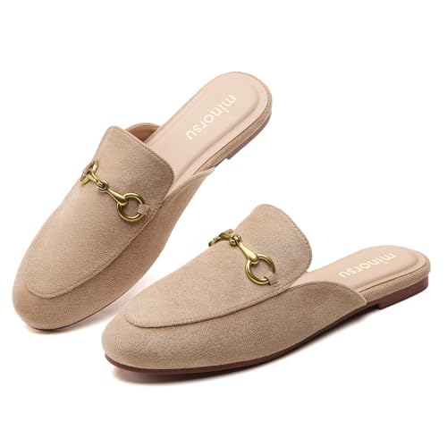 Minorsu Buckle Mules for Women Round Toe Backless Flat Mules Slides Mules Shoes Ladies Slip-on Loafers