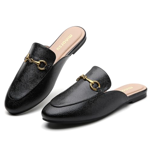 Minorsu Buckle Mules for Women Round Toe Backless Flat Mules Slides Mules Shoes Ladies Slip-on Loafers