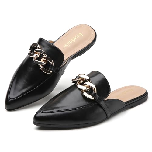 Metal Chain Decor Flat Mules for Women Closed Pointed Toe Slip on Loafers Slides Backless Mules Shoes