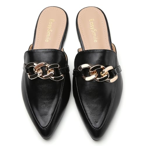 Metal Chain Decor Flat Mules for Women Closed Pointed Toe Slip on Loafers Slides Backless Mules Shoes