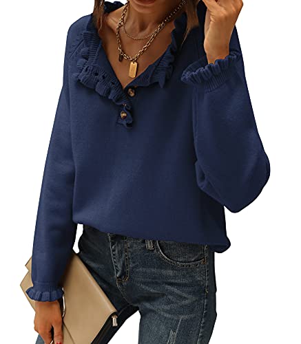 BTFBM 2024 Womens Sweaters Fall Winter Outfits Long Sleeve Button Down Ruffle Crew Neck Casual Knitted Pullover Tops