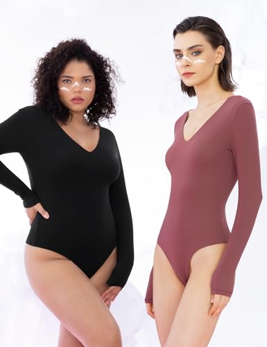 PUMIEY Bodysuits for women V Neck Long Sleeve Body Suit Sexy Tops Smoke Cloud Pro Collection