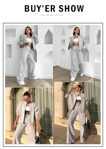 Aleumdr Women's 2 Piece Outfits Oversized Fleece Sweatsuit Zip Up Long Sleeve Sweatshirt with Wide Leg Sweatpants