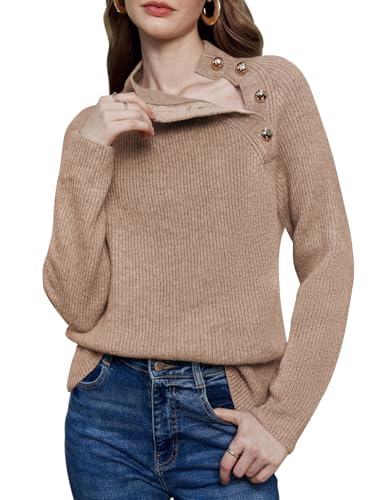 Women's Long Sleeve Ribbed Knit Sweater 2024 Fall Winter Casual Turtleneck Pullover Tops with Metal Buttons