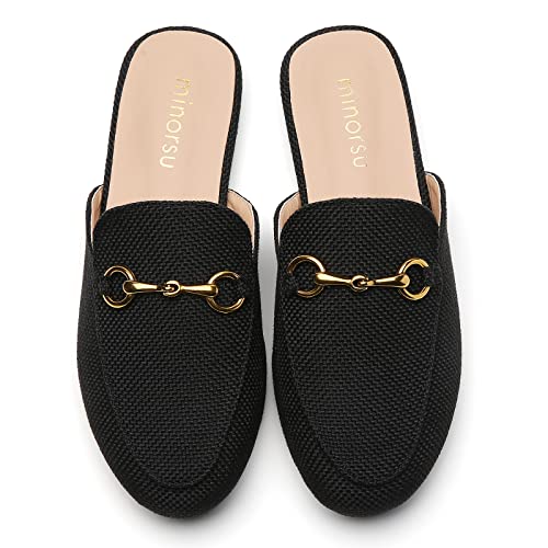 Minorsu Buckle Mules for Women Round Toe Backless Flat Mules Slides Mules Shoes Ladies Slip-on Loafers