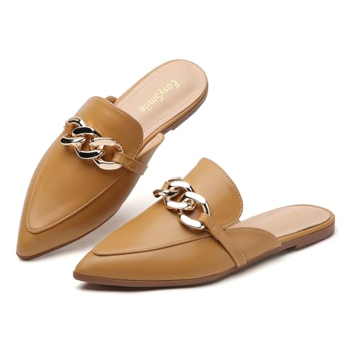 Metal Chain Decor Flat Mules for Women Closed Pointed Toe Slip on Loafers Slides Backless Mules Shoes