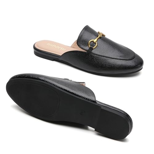 Minorsu Buckle Mules for Women Round Toe Backless Flat Mules Slides Mules Shoes Ladies Slip-on Loafers