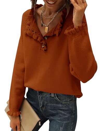 BTFBM 2024 Womens Sweaters Fall Winter Outfits Long Sleeve Button Down Ruffle Crew Neck Casual Knitted Pullover Tops