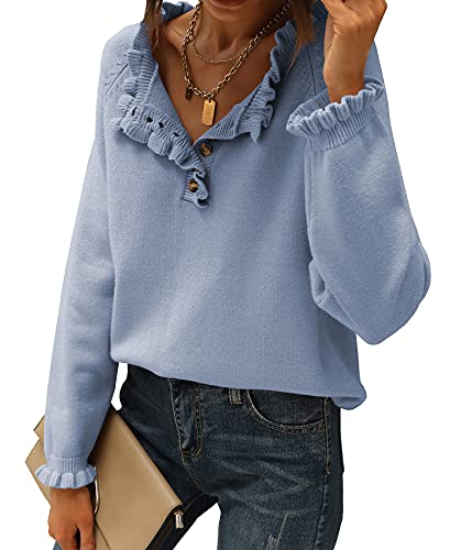 BTFBM 2024 Womens Sweaters Fall Winter Outfits Long Sleeve Button Down Ruffle Crew Neck Casual Knitted Pullover Tops