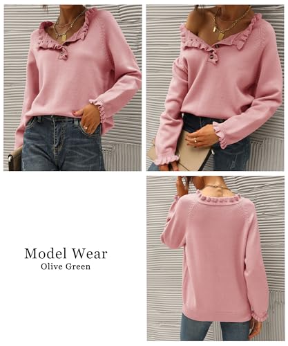 BTFBM 2024 Womens Sweaters Fall Winter Outfits Long Sleeve Button Down Ruffle Crew Neck Casual Knitted Pullover Tops