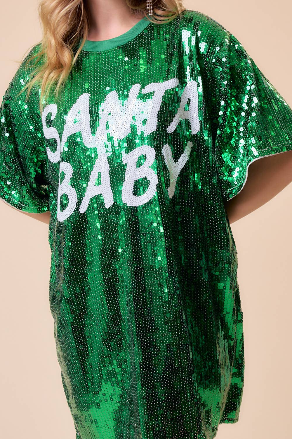 Main Strip - Santa Baby Green Sequin Oversized Dress Holiday Party Outfit