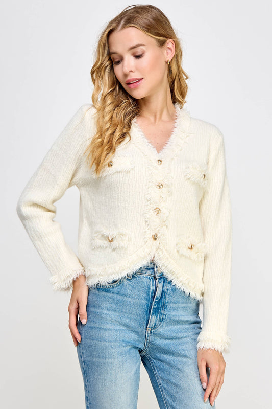 Strut & Bolt - Frayed Trim Textured Cardigan