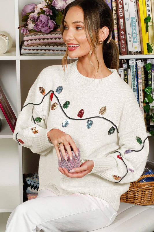Vine & Love - Christmas Light Sequin Crew Neck Knitted Sweater VT82258