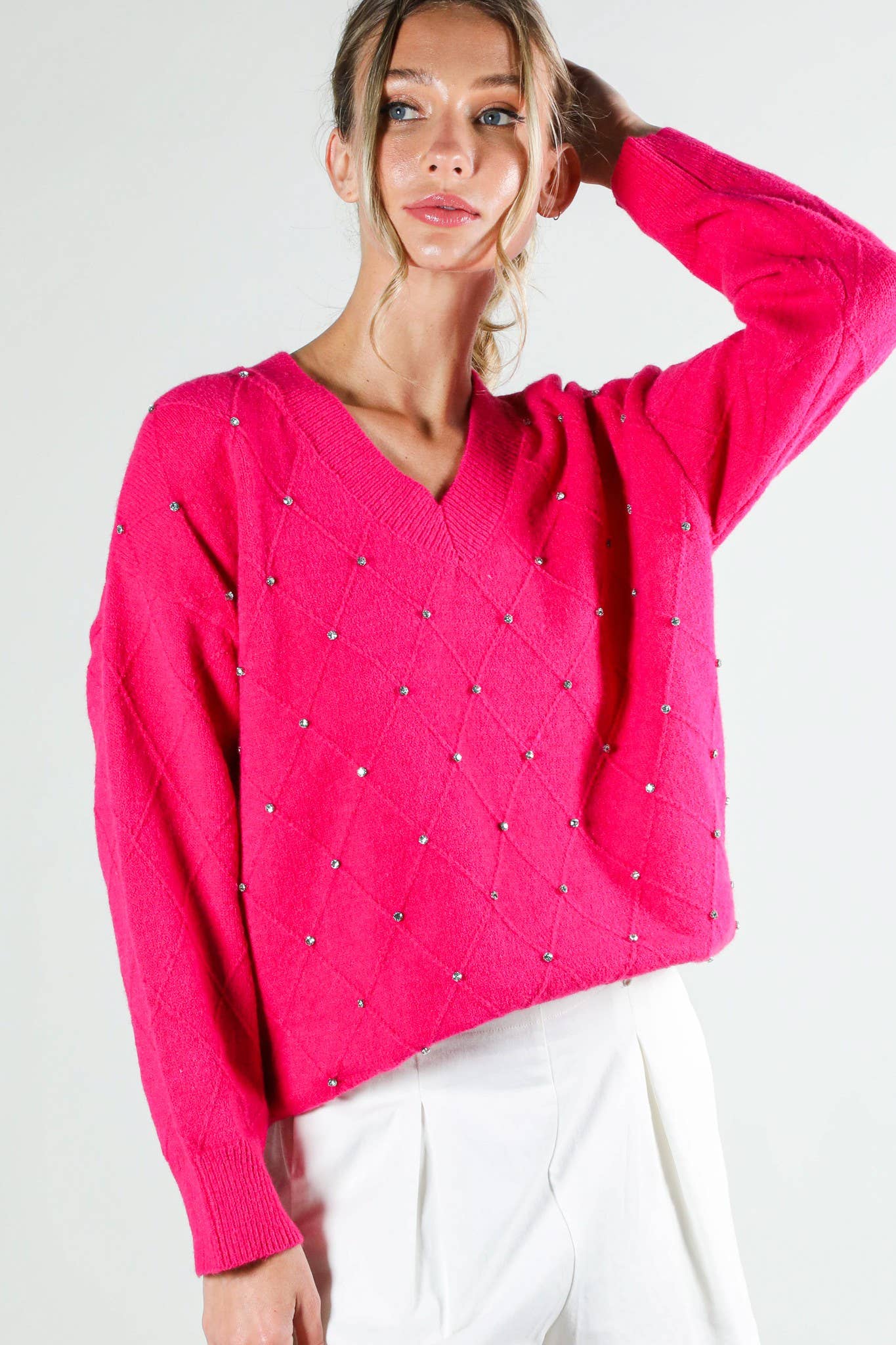 Vine & Love - V-Neck Rhinestone Trim Detail Knitted Sweater Top VT81546-1