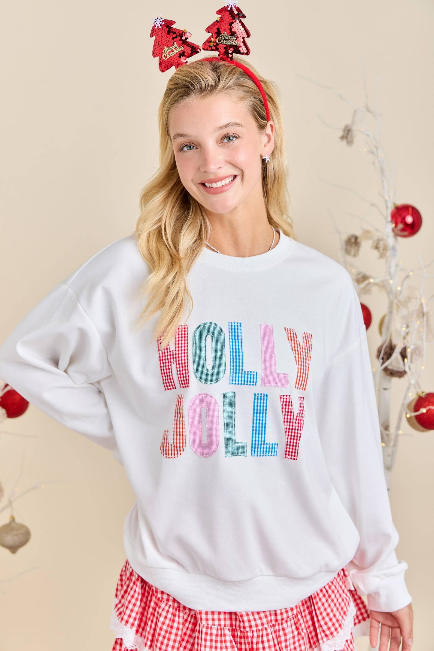 Main Strip - Holly Jolly White Holiday Sweatshirt Festive Winter Pullover