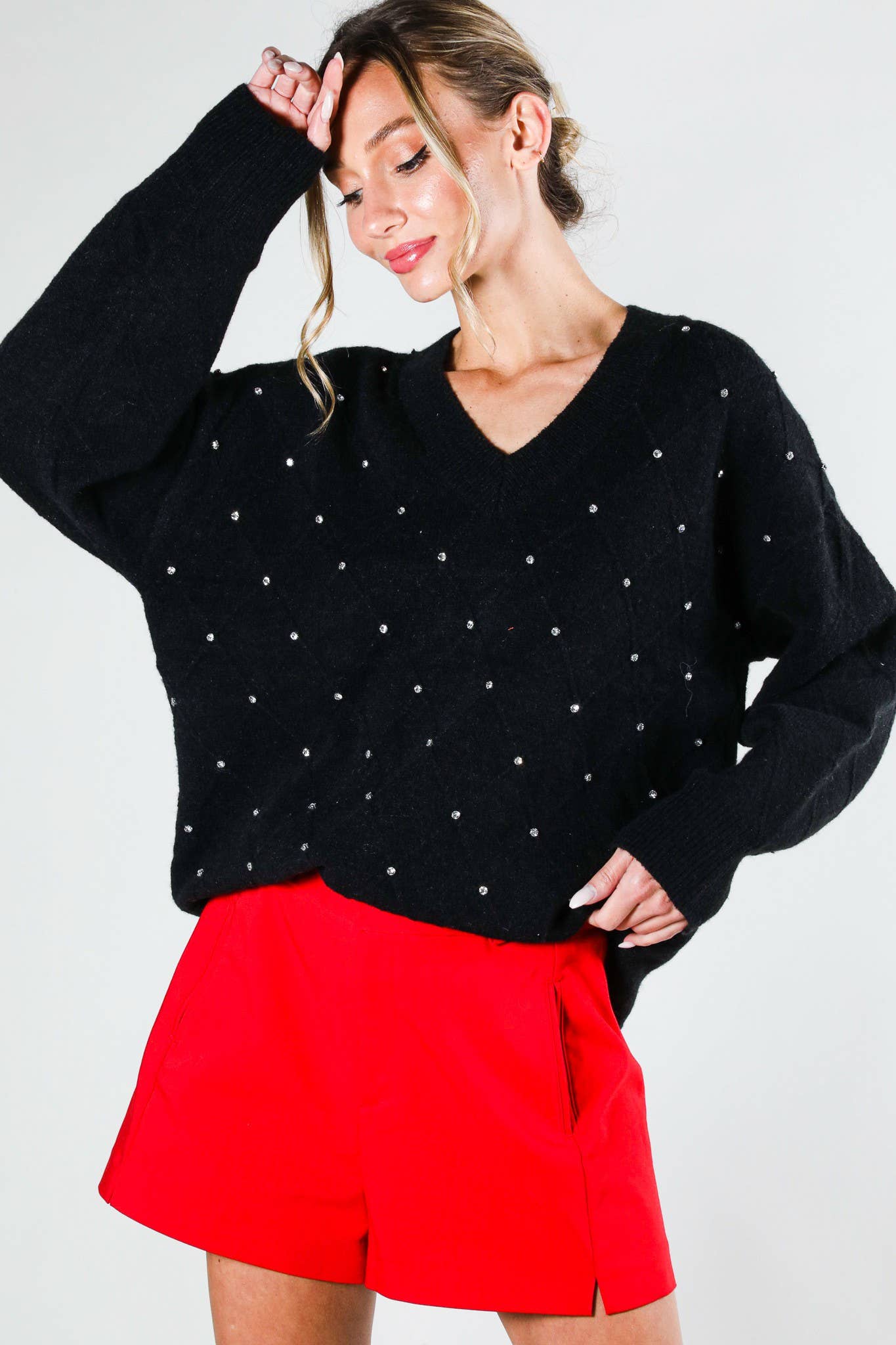 Vine & Love - V-Neck Rhinestone Trim Detail Knitted Sweater Top VT81546-1