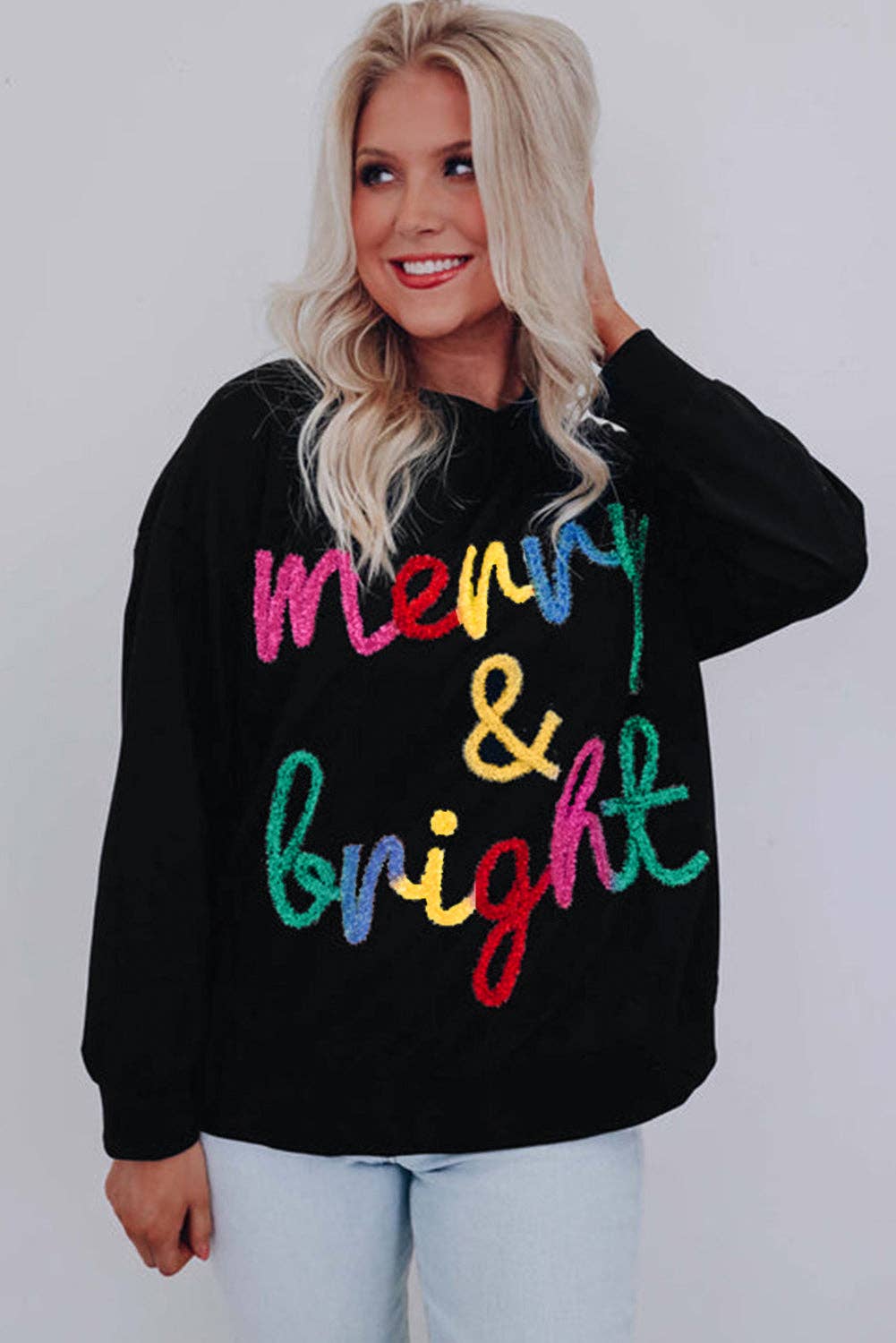 Suhkasana - Black Colorful Merry & Bright Tinsel Graphic Sweater: Black / 50%Viscose+28%Polyester+22%Polyamide / S