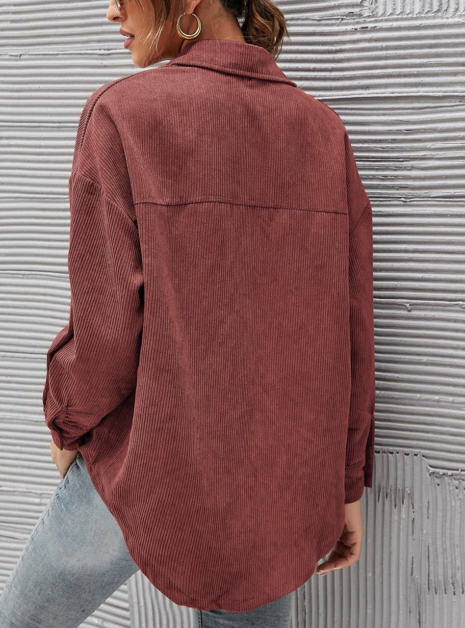 Rosa Clothing - Corduroy Oversized Solid Shacket: Caramel / S