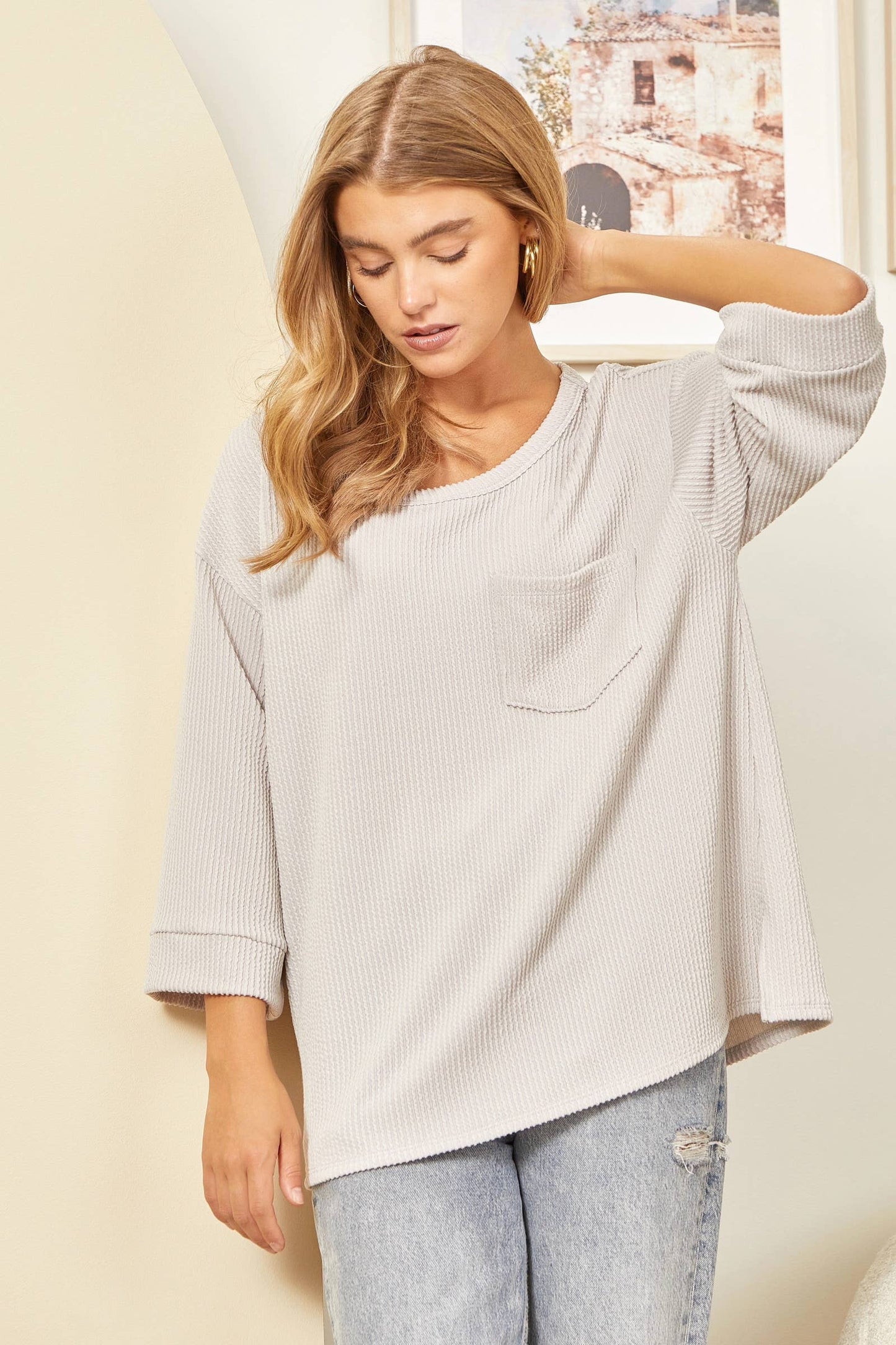 Andrée by Unit - Ribbed 3/4 Sleeve Knit Top MHS58