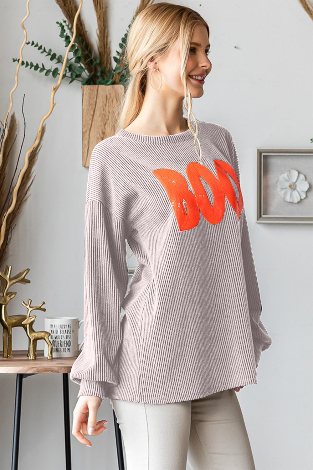 Heimish BOO Round Neck Long Sleeve Ribbed T-Shirt