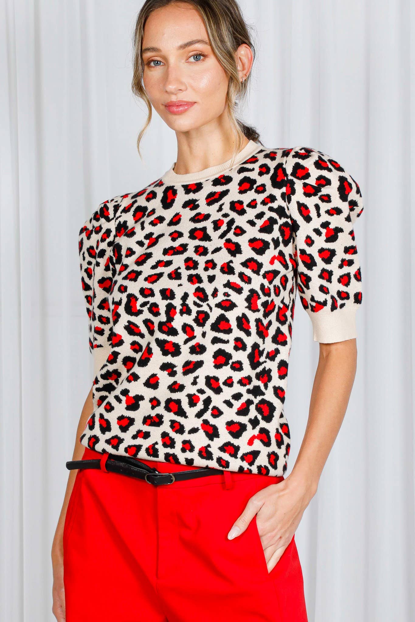 Vine & Love - Leopard Crew Neck Jacquard Knitted Sweater Top VT81344E