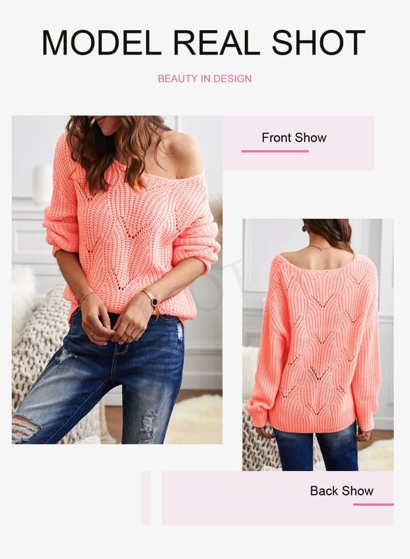 Dokotoo Womens Sweaters 2024 Cute Elegant Soft Crewneck Long Sleeve Hollow Cable Knit Pullover Tops