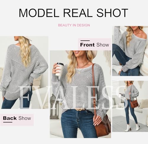 EVALESS Striped Sweaters for Women Boat Neck Batwing Sleeve Oversized Pullover Sweater Tops Womens Fall Clothes Outfits