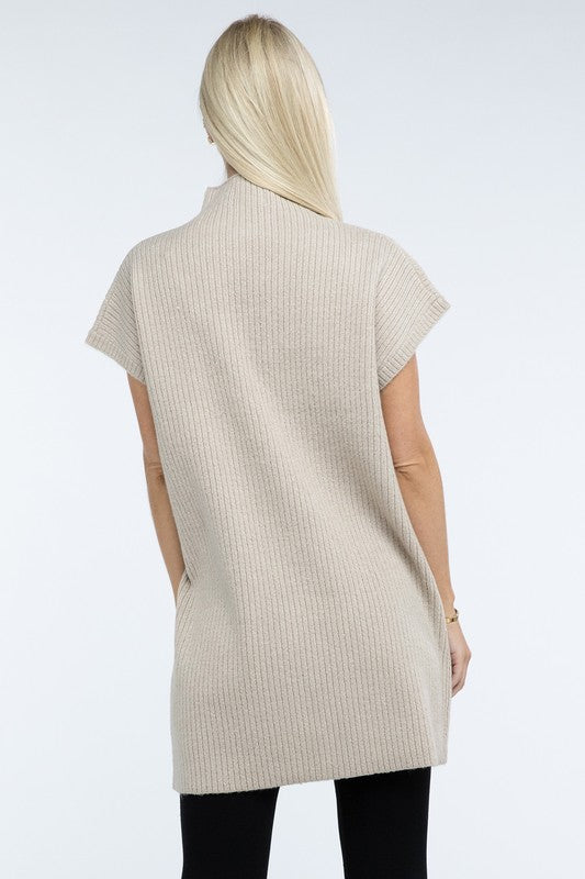 Mock Neck Short Sleeve Sweater Dress with Pocket