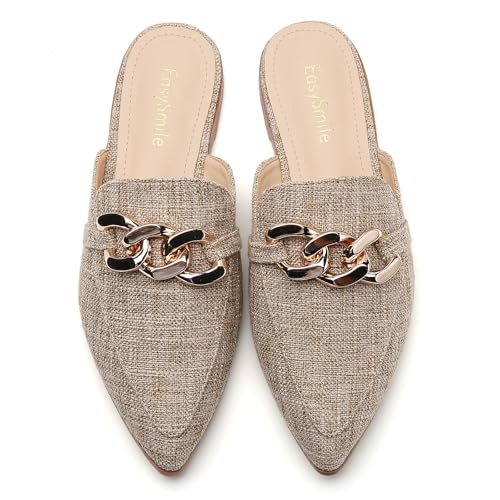 Metal Chain Decor Flat Mules for Women Closed Pointed Toe Slip on Loafers Slides Backless Mules Shoes