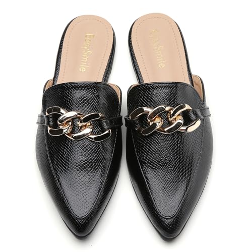 Metal Chain Decor Flat Mules for Women Closed Pointed Toe Slip on Loafers Slides Backless Mules Shoes