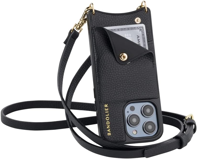 Bandolier Emma Crossbody Phone Case and Wallet for iPhone 15 Pro Max - Black Leather with Gold Detail