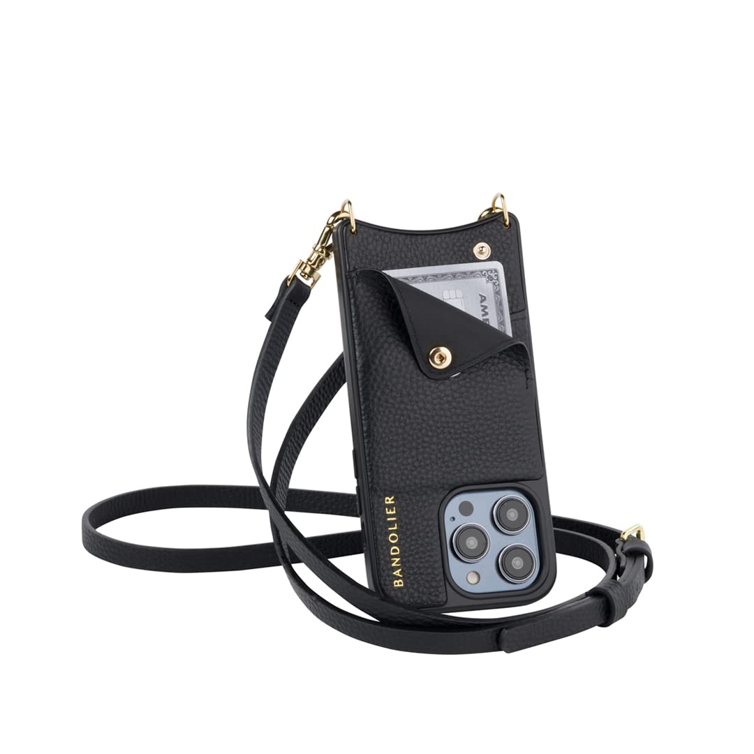 Bandolier Emma Crossbody Phone Case and Wallet for iPhone 15 Pro Max - Black Leather with Gold Detail